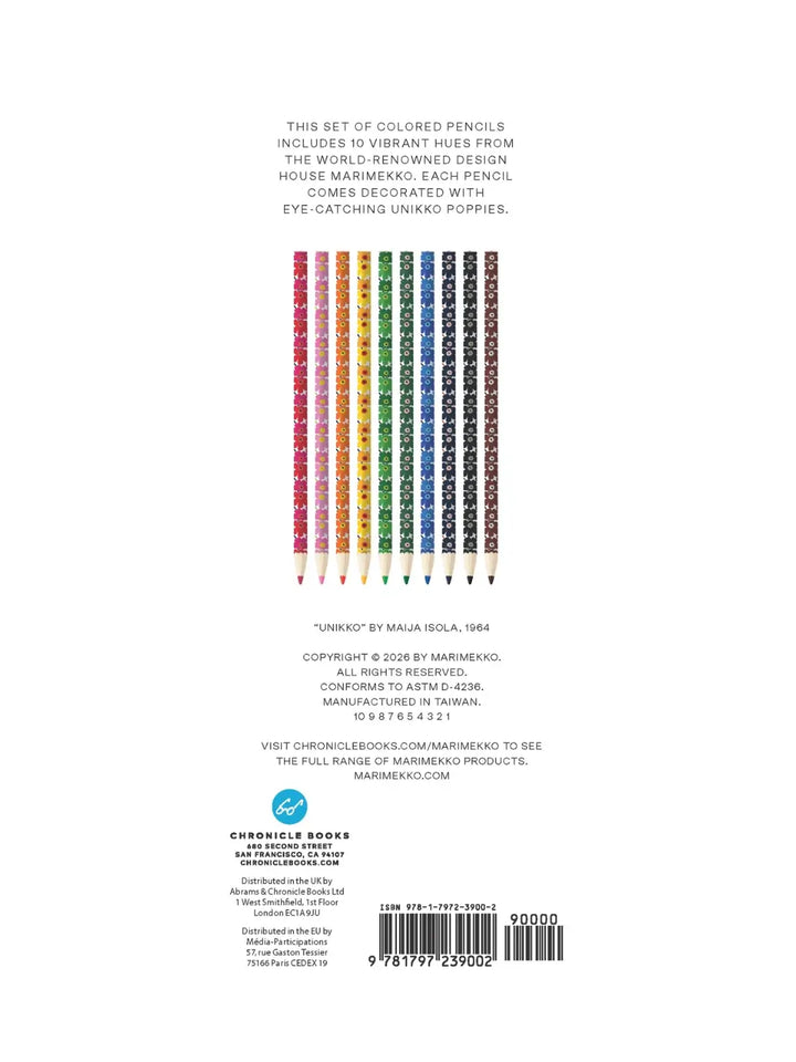 Back packaging of the Marimekko Coloured Pencils (Unikko) set displays ten pencils decorated with the iconic floral pattern, accompanied by product descriptions | Twentyseven Toronto