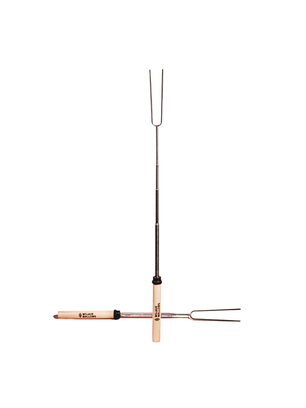 Two Mojave Mallows Marshmallow Skewer / Roasting Stick tools, with one standing vertically and the other resting horizontally | Twentyseven Toronto