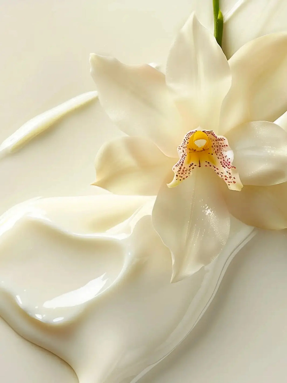 Close-up of a white orchid flower and a product texture swatch of Leonor Greyl 'Masque à l’Orchidée' on a light background | Twentyseven Toronto
