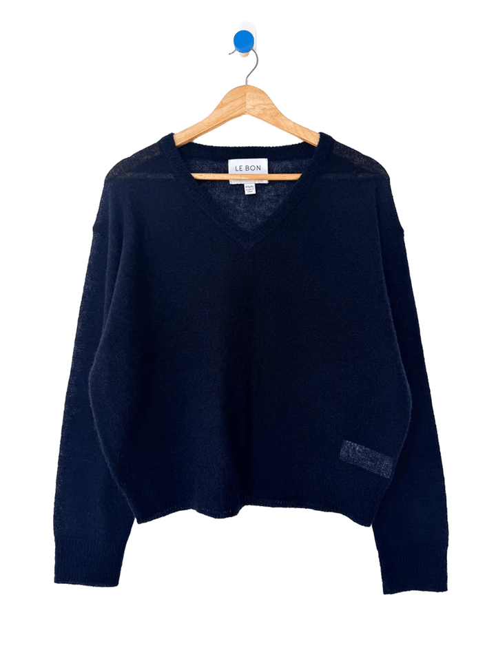 Le Bon Shoppe Matthew V-Neck Mohair Sweater in Navy featuring a soft, sheer knit, classic V-neckline, and relaxed fit | Twentyseven Toronto