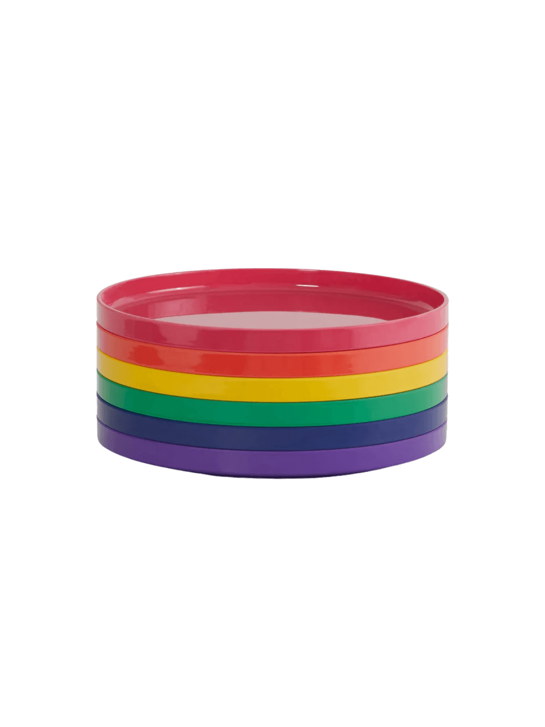 Stack of rainbow-colored plates from the Heller Max Dinnerware 9.75 inch Maxplate in Rainbow - Set of 6 on a transparent background | Twentyseven Toronto