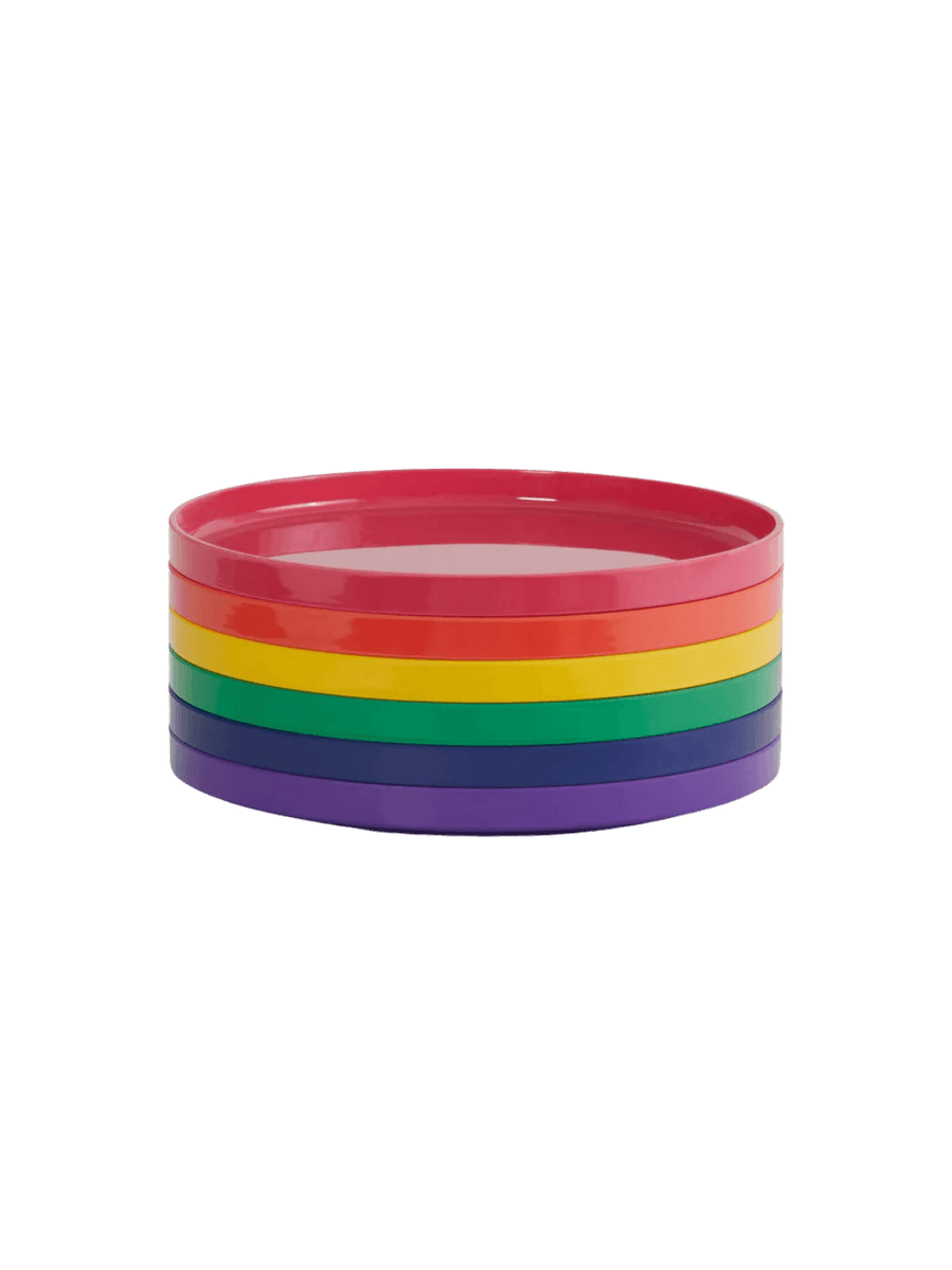 Stack of rainbow-colored plates from the Heller Max Dinnerware 9.75 inch Maxplate in Rainbow - Set of 6 on a transparent background | Twentyseven Toronto