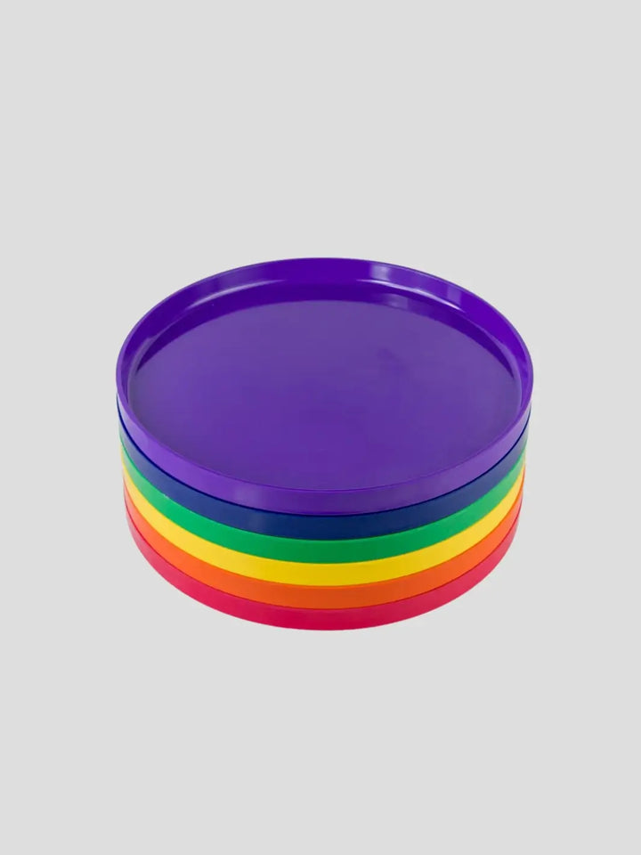 Heller Max Dinnerware 9.75 inch Maxplate in Rainbow - Set of 6 stacked together on a plain grey background, showcasing the top purple plate | Twentyseven Toronto