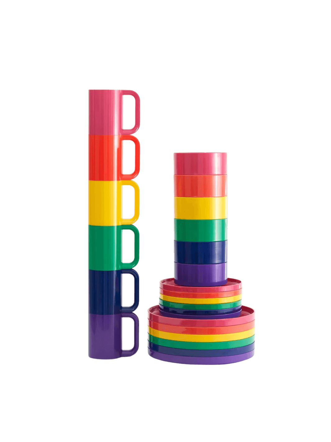 A towering stack of the Heller Max Dinnerware Maxmug in Rainbow - Set of 6 stands next to a matching rainbow stack of dinnerware plates, salad plates, and bowls against a transparent background | Twentyseven Toronto