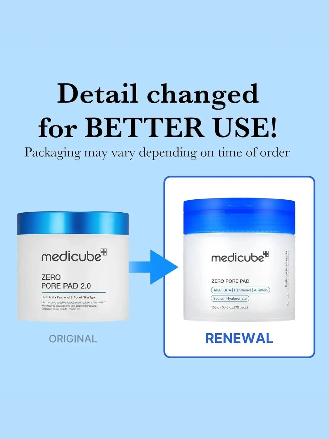 Comparison of Medicube Zero Pore Pad 2.0 packaging with text indicating a change for better use | Twentyseven Toronto