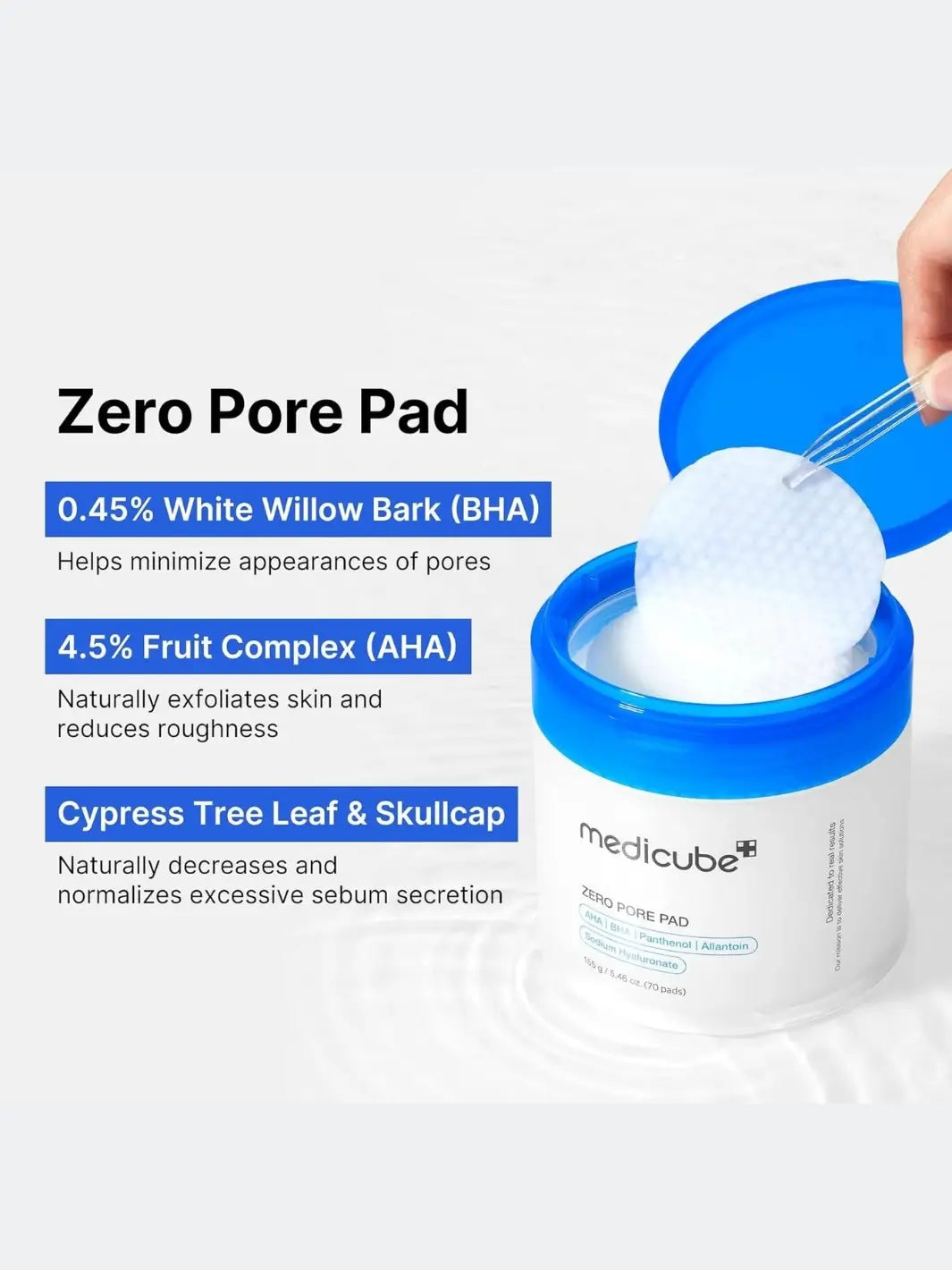 Medicube Zero Pore Pad with ingredients and benefits listed on a white background | Twentyseven Toronto