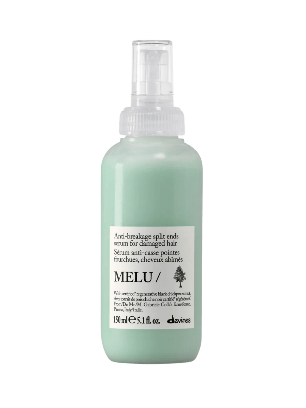 A 150 ml spray bottle of Davines MELU Serum for damaged hair | Twentyseven Toronto