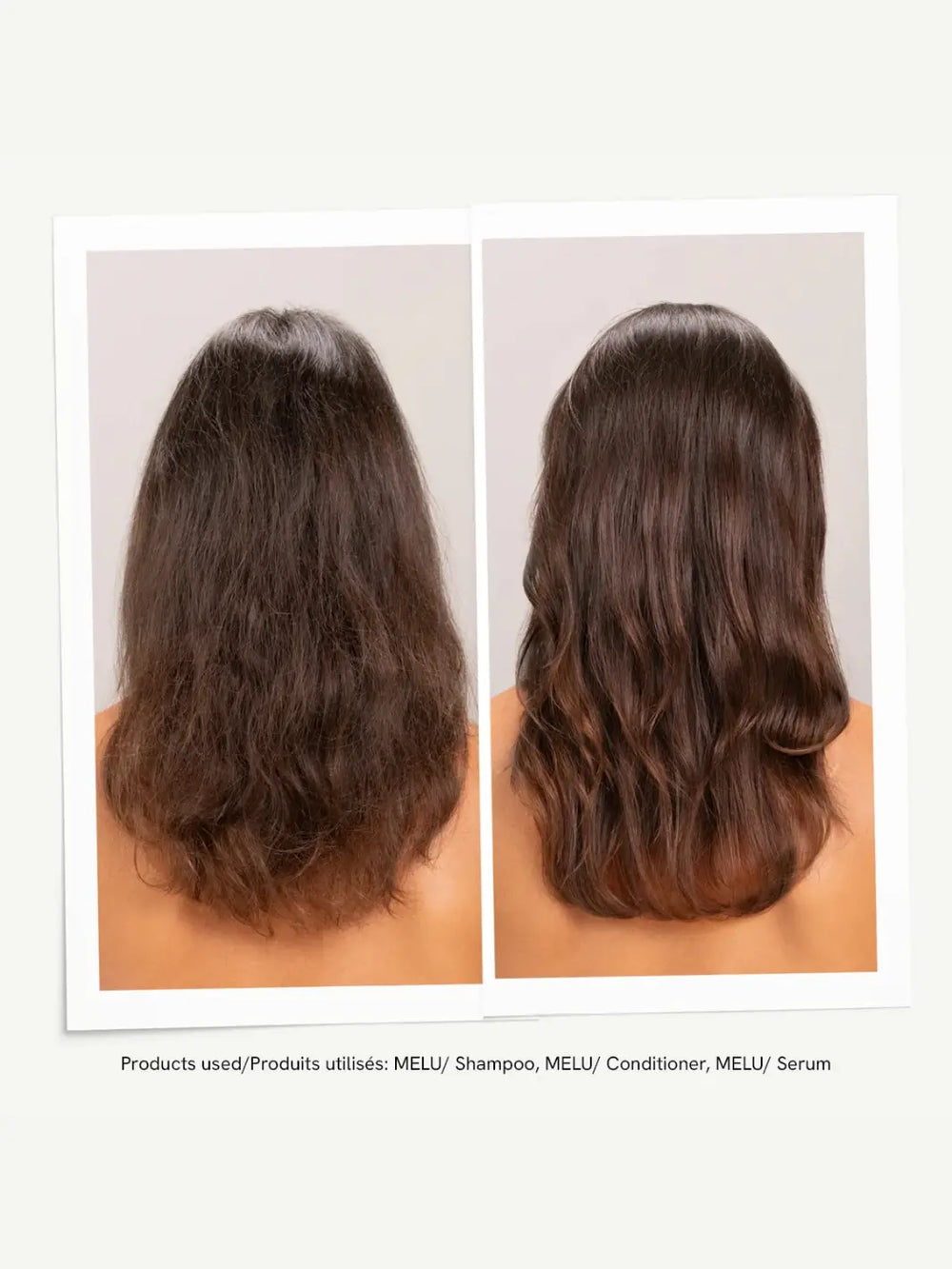 A before-and-after photo display highlights the anti-breakage transformation from dry, frizzy hair to healthy, smooth waves after using a treatment regimen featuring Davines MELU Serum | Twentyseven Toronto