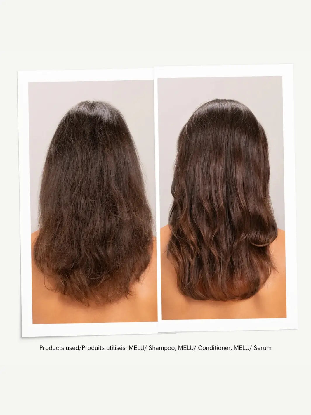 A before-and-after photo display highlights the anti-breakage transformation from dry, frizzy hair to healthy, smooth waves after using a treatment regimen featuring Davines MELU Serum | Twentyseven Toronto