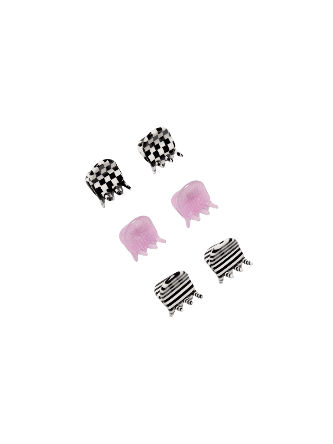 Six tiny hair clips from the CHUNKS Micro Claws in Geo set, featuring checkerboard, striped, and purple designs, are arranged in pairs | Twentyseven Toronto