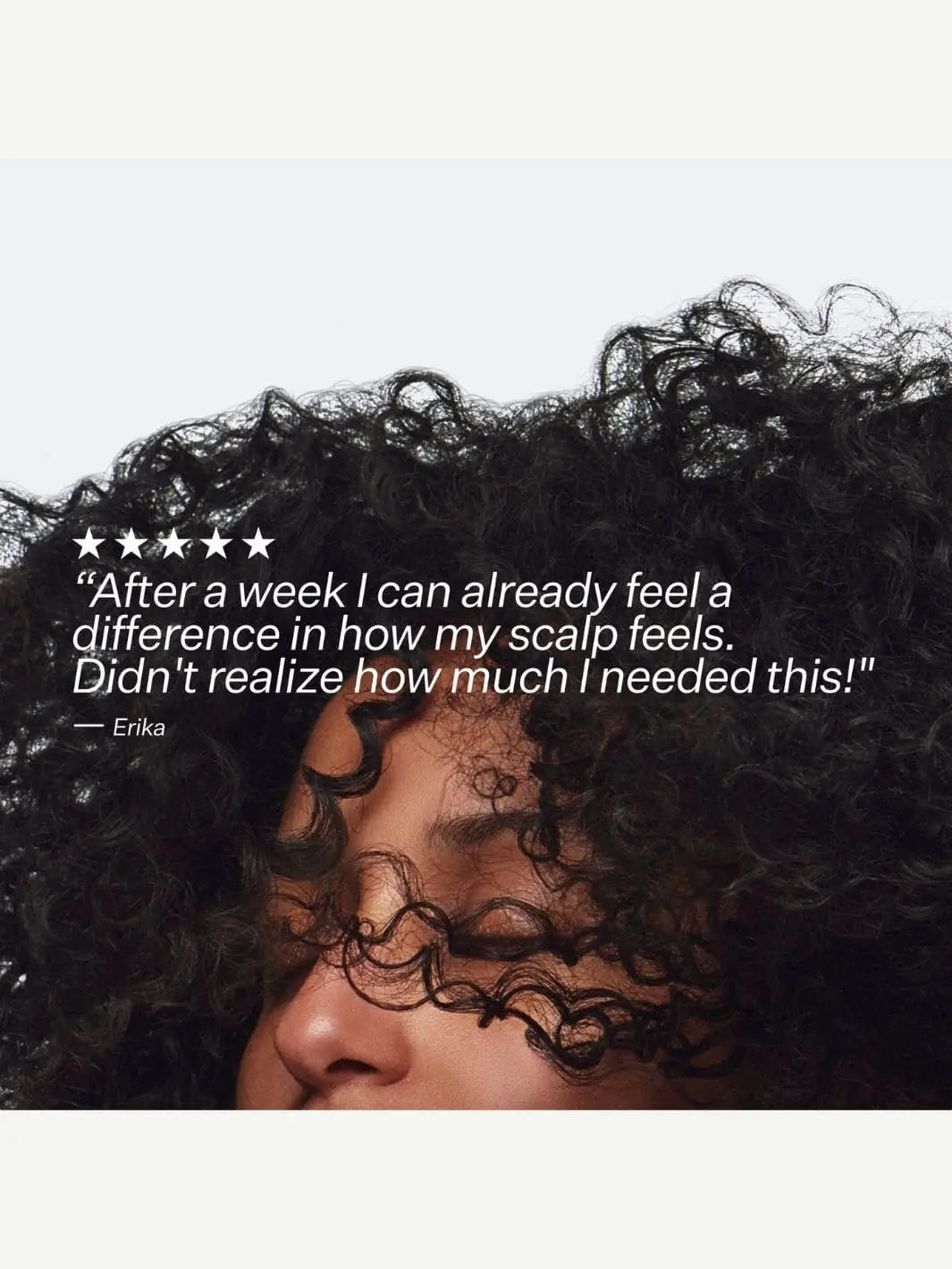 Close-up of a person with curly hair, with a testimonial quote overlay for Act+Acre Microbiome Cooling Scalp Serum | Twentyseven Toronto