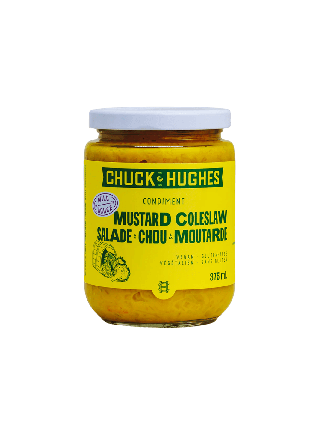 A 375 mL glass jar with a white lid filled with yellow condiment features a bright yellow label reading "Chuck & Hughes Mild Mustard Coleslaw" | Twentyseven Toronto
