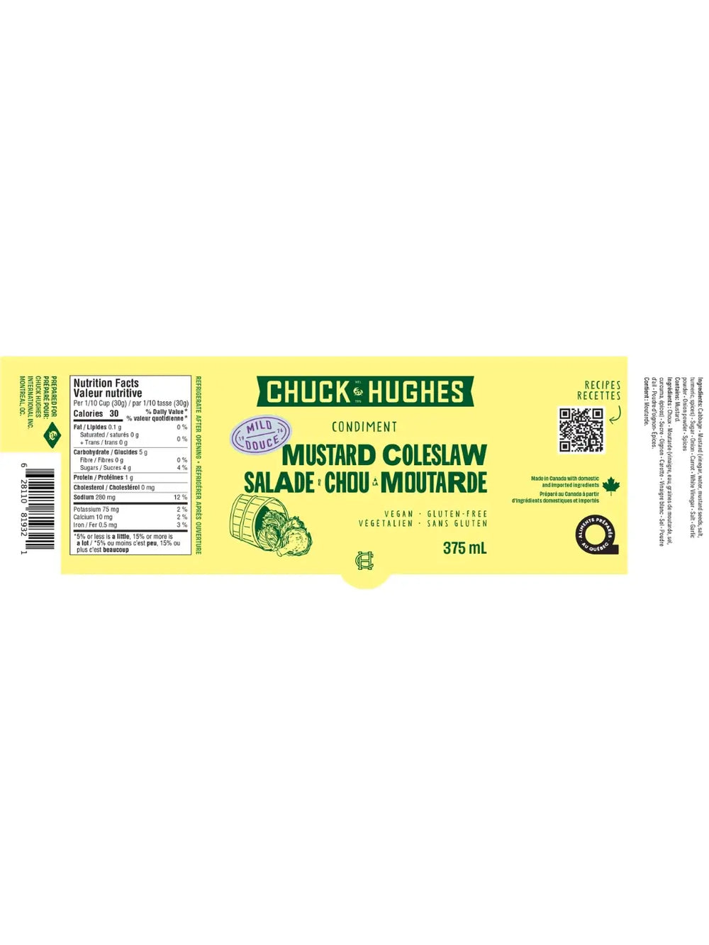 Flat product packaging label for Chuck & Hughes Mild Mustard Coleslaw condiment features nutrition facts, an ingredients list, a barcode, and a QR code on a solid yellow background | Twentyseven Toronto