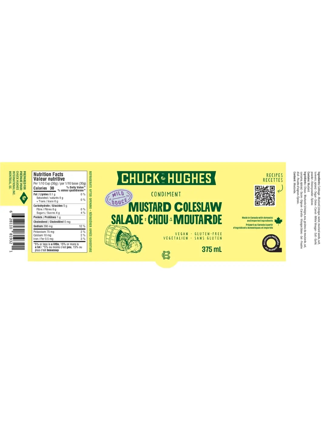 Flat product packaging label for Chuck & Hughes Mild Mustard Coleslaw condiment features nutrition facts, an ingredients list, a barcode, and a QR code on a solid yellow background | Twentyseven Toronto