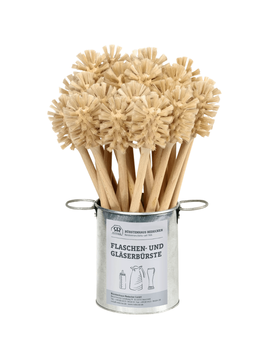 Set of wooden milk bottle brushes in a metal canister from Burstenhaus Redecker on a transparent background | Twentyseven Toronto