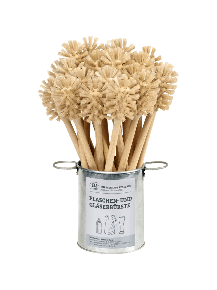 Set of wooden milk bottle brushes in a metal canister from Burstenhaus Redecker on a transparent background | Twentyseven Toronto