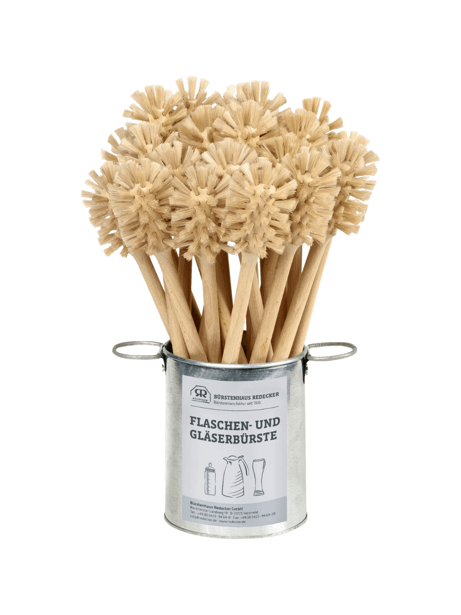 Set of wooden milk bottle brushes in a metal canister from Burstenhaus Redecker on a transparent background | Twentyseven Toronto