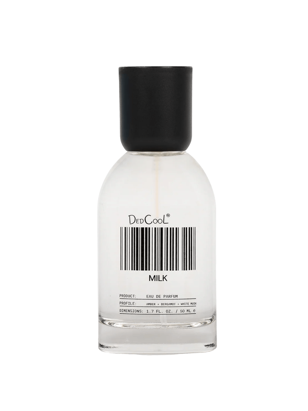 A full size 50ml Dedcool Milk Layering + Enhancer Fragrance bottle featuring its signature barcode label and a black cap | Twentyseven Toronto