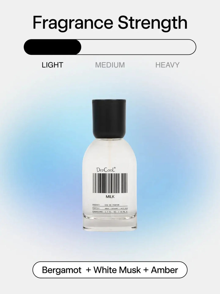 A bottle of Dedcool Milk Layering + Enhancer Fragrance Full Size 50ml centered against a soft blue gradient backdrop beneath a graphic indicating a "Light" fragrance strength | Twentyseven Toronto