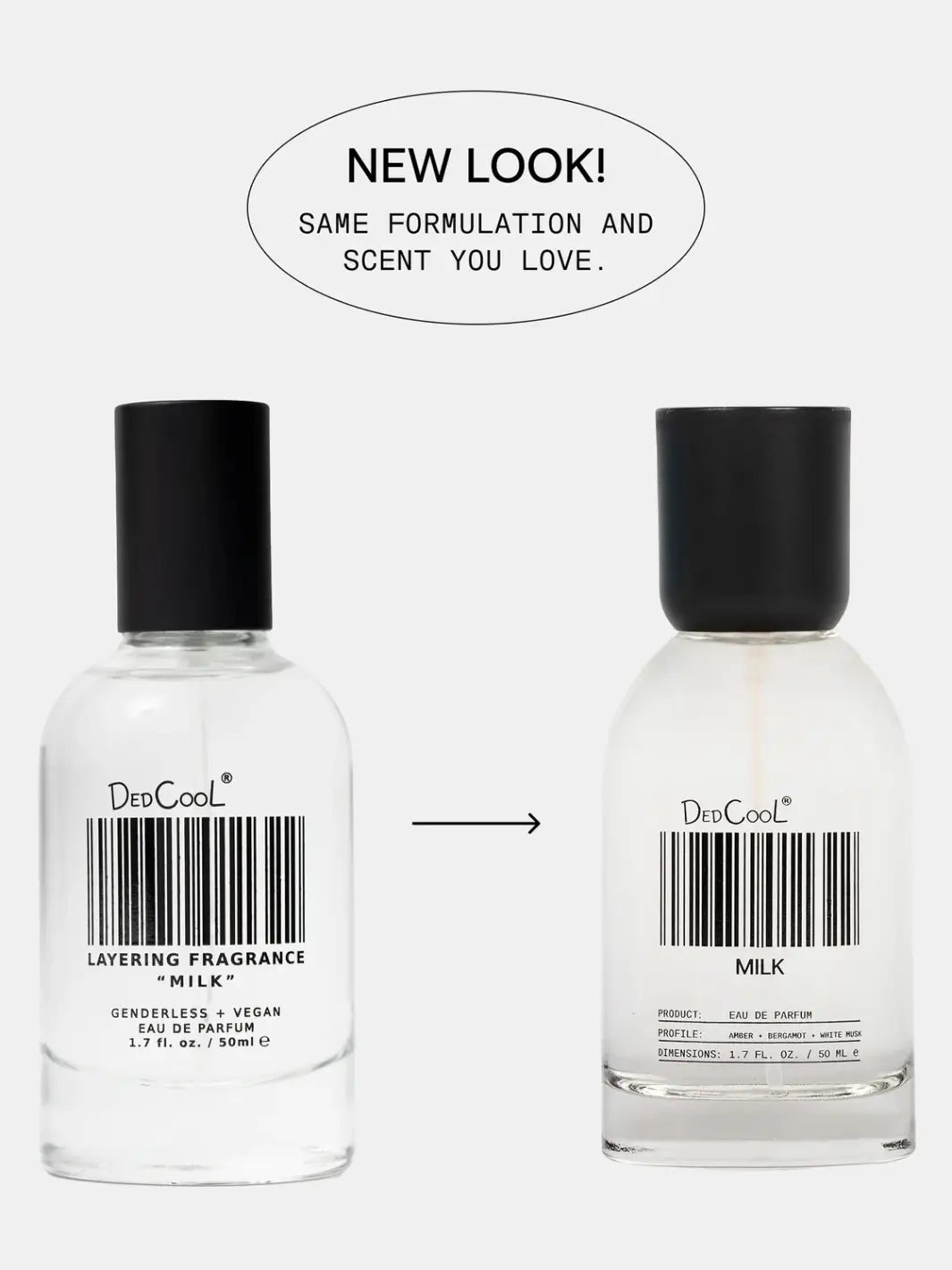 A side-by-side comparison diagram showing the old bottle layout transitioning to the updated new look for the 50ml full size Dedcool Milk Layering + Enhancer Fragrance bottle | Twentyseven Toronto