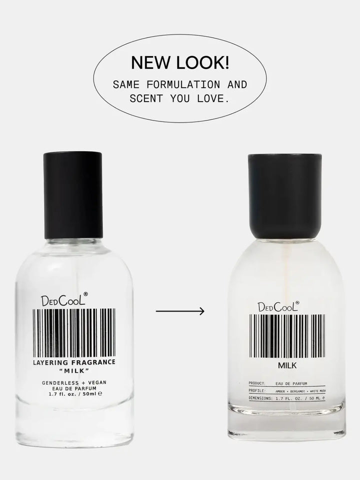 A side-by-side comparison diagram showing the old bottle layout transitioning to the updated new look for the 50ml full size Dedcool Milk Layering + Enhancer Fragrance bottle | Twentyseven Toronto