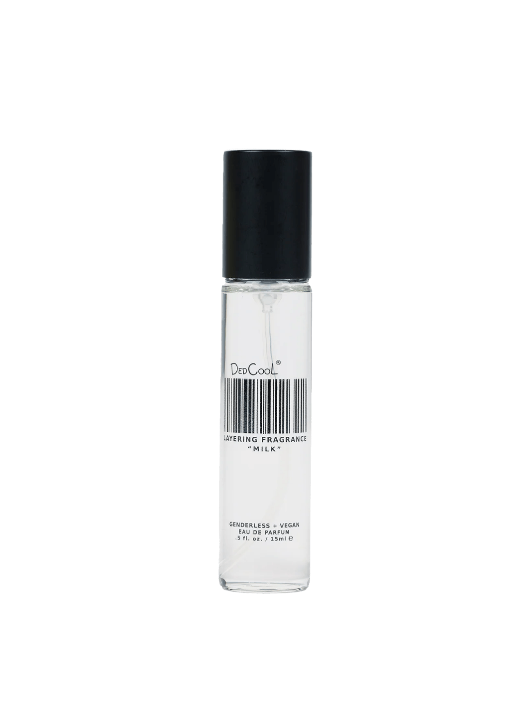 A 15ml travel sized bottle of Dedcool Milk Layering + Enhancer Fragrance with its signature barcode label and a black cap | Twentyseven Toronto