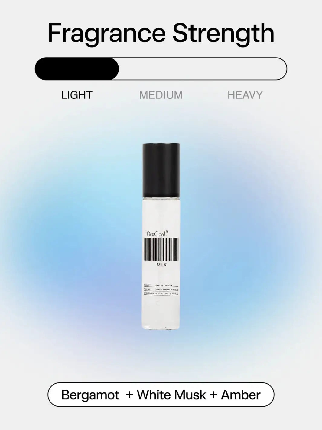 A 15ml travel sized bottle of Dedcool Milk Layering + Enhancer Fragrance against a soft blue gradient background beneath a graphic indicating a "Light" scent strength | Twentyseven Toronto