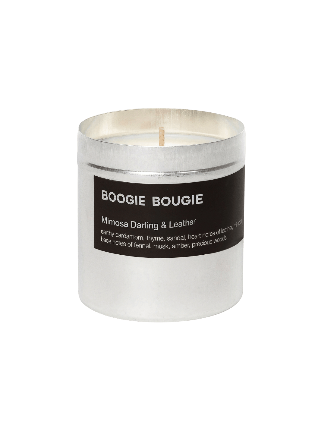 Mimosa and Darling Leather candle with 'Boogie Bougie' label on a transparent background | Twentyseven Toronto