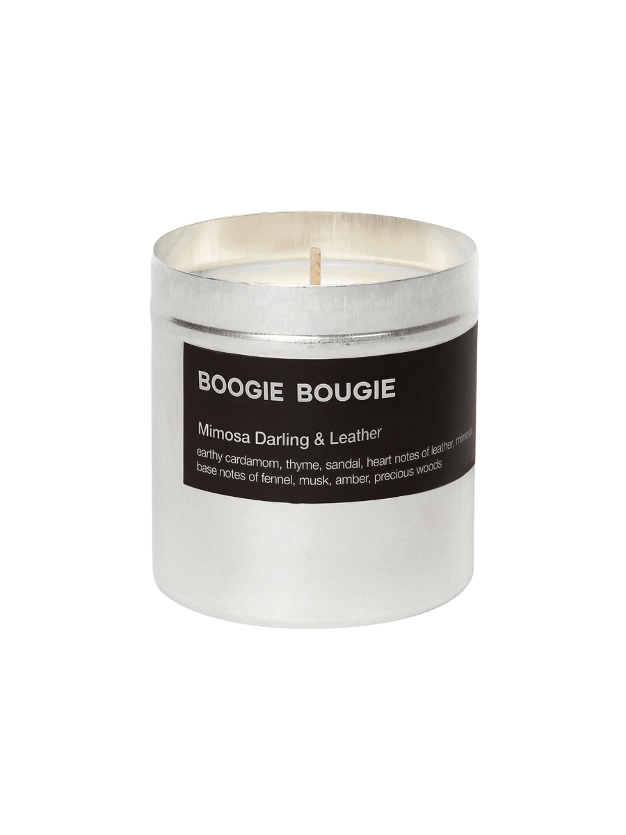 Mimosa and Darling Leather candle with 'Boogie Bougie' label on a transparent background | Twentyseven Toronto