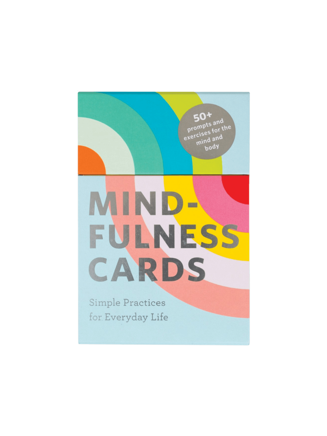 Front box for Mindfulness Cards by Rohan Gunatillake, a bright blue background with a colorful semi-circle pattern and the title "MINDFULNESS CARDS" in large, silver lettering above the subtitle "Simple Practices for Everyday Life." | Twentyseven Toronto