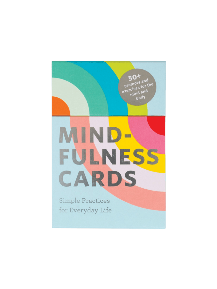 Front box for Mindfulness Cards by Rohan Gunatillake, a bright blue background with a colorful semi-circle pattern and the title "MINDFULNESS CARDS" in large, silver lettering above the subtitle "Simple Practices for Everyday Life." | Twentyseven Toronto