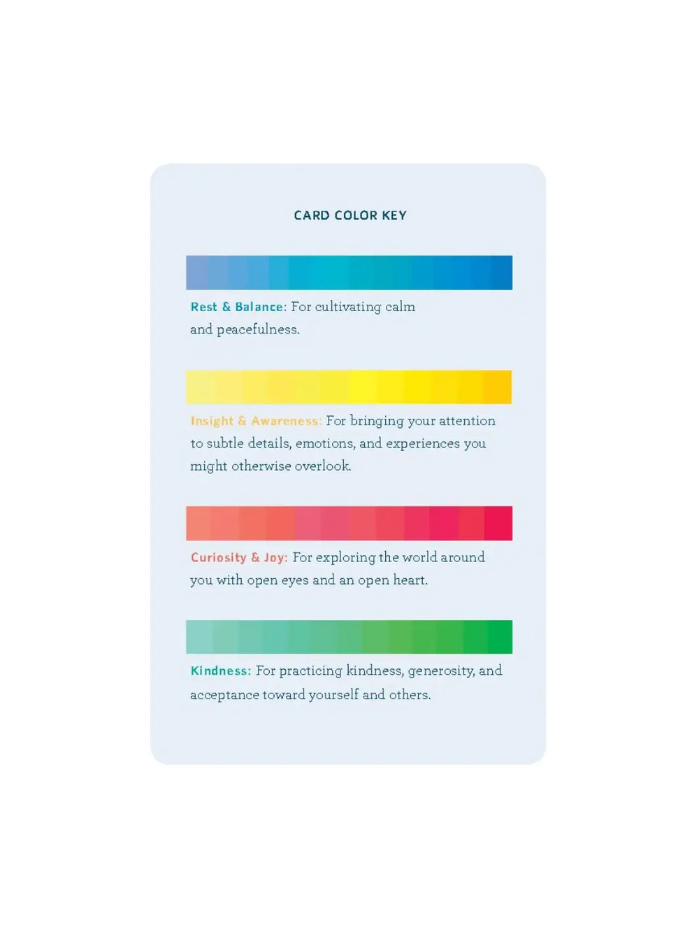 Vertical card titled "CARD COLOR KEY" from Mindfulness Cards by Rohan Gunatillake, showing four colored gradient bars representing categories like "Rest & Balance" and "Kindness" with brief descriptions for each | Twentyseven Toronto