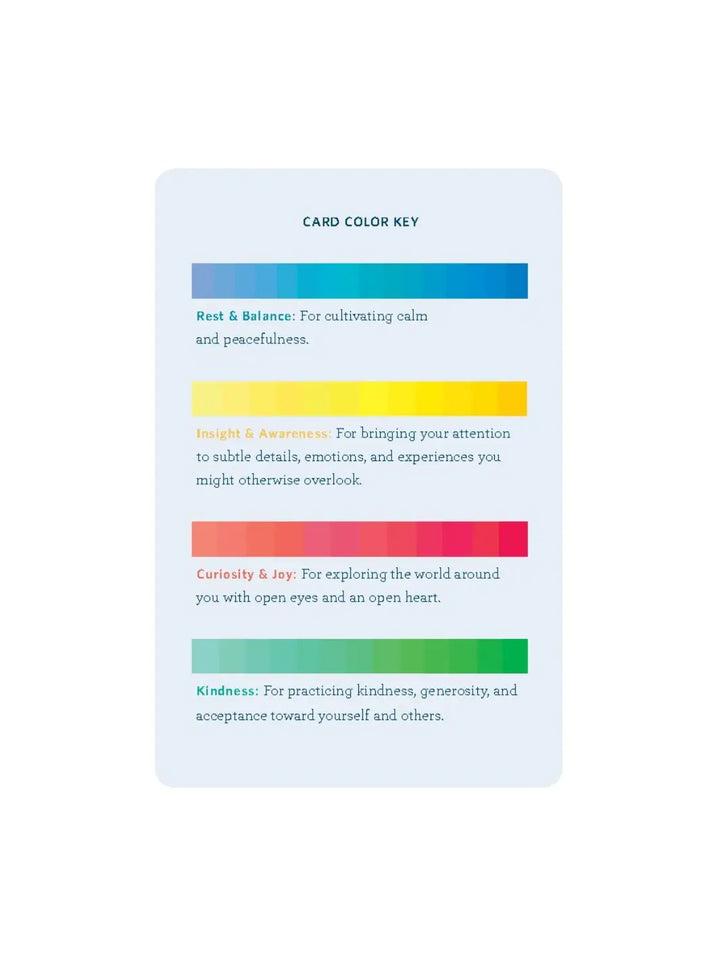 Vertical card titled "CARD COLOR KEY" from Mindfulness Cards by Rohan Gunatillake, showing four colored gradient bars representing categories like "Rest & Balance" and "Kindness" with brief descriptions for each | Twentyseven Toronto