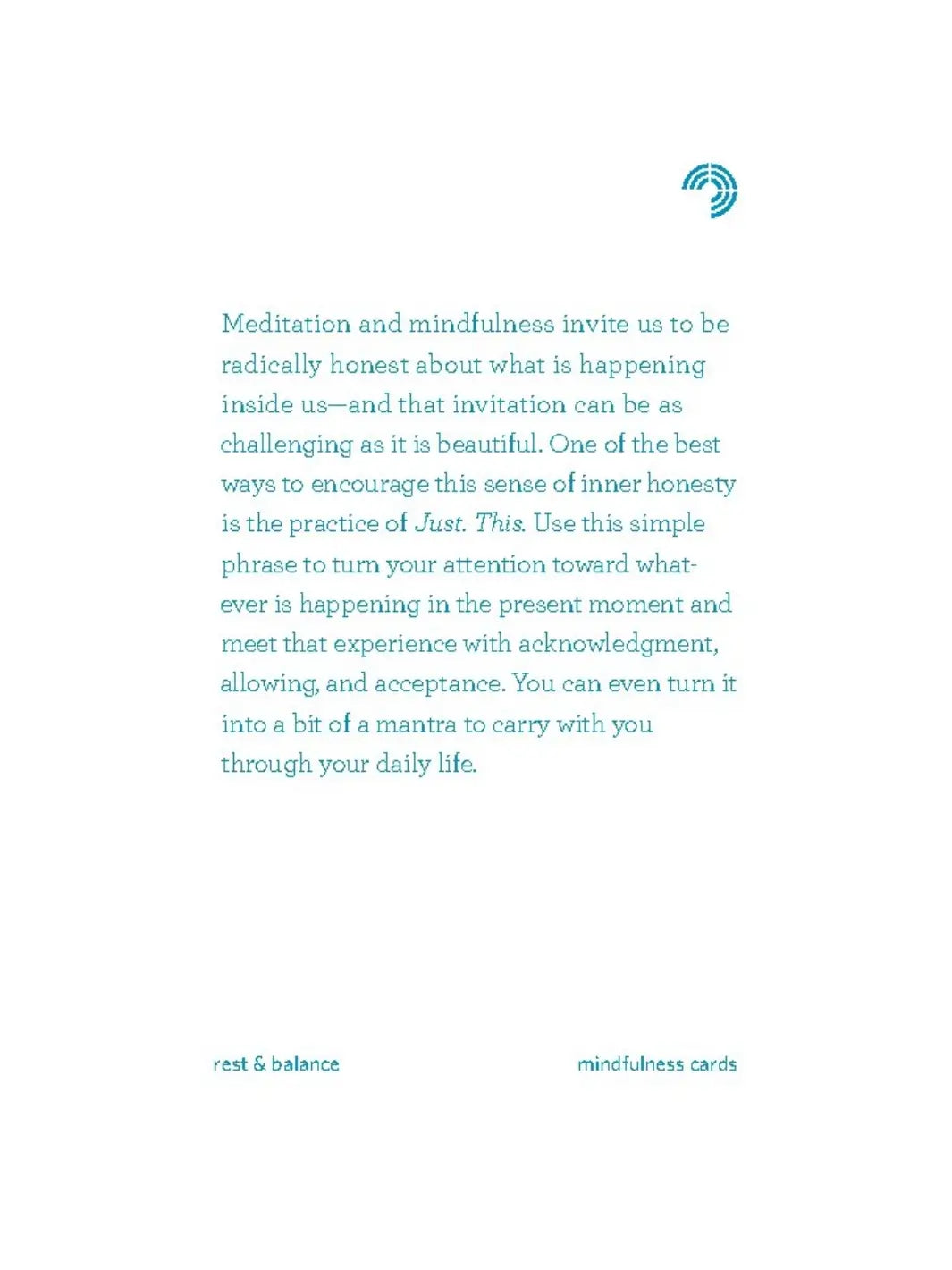 White card with teal text from Mindfulness Cards by Rohan Gunatillake featuring a meditation prompt about inner honesty and the practice | Twentyseven Toronto