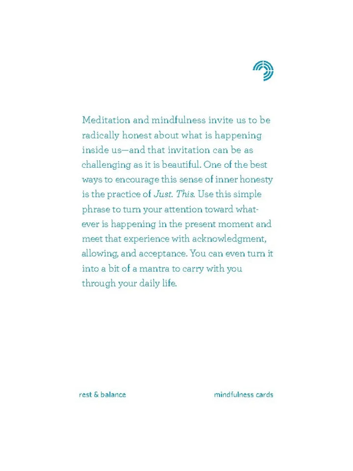White card with teal text from Mindfulness Cards by Rohan Gunatillake featuring a meditation prompt about inner honesty and the practice | Twentyseven Toronto