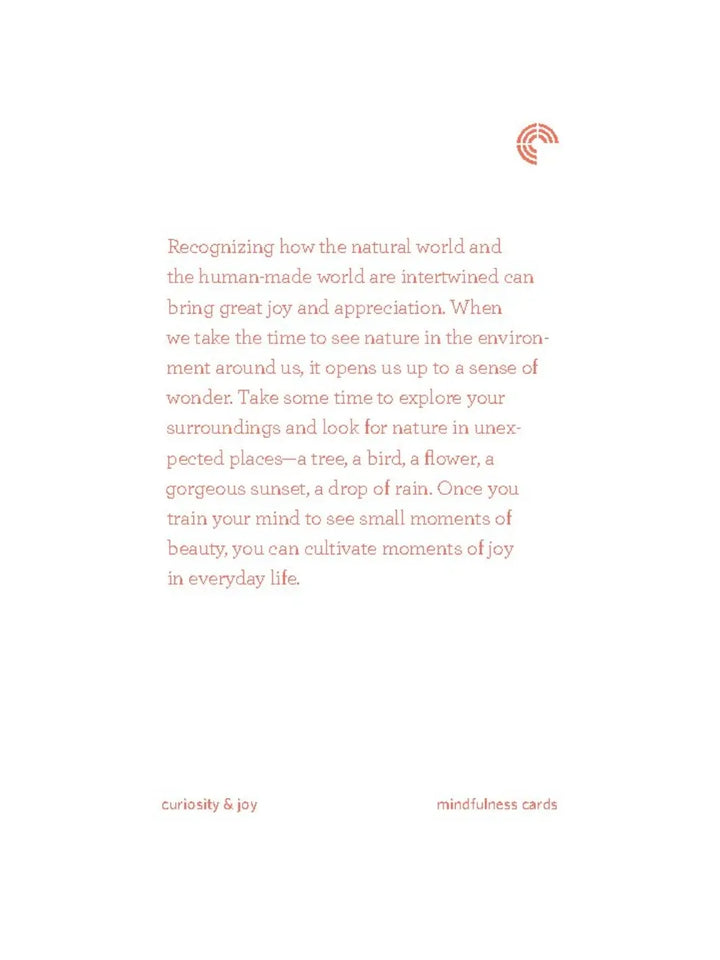 Instructional card from Mindfulness Cards by Rohan Gunatillake featuring coral-colored text that encourages the reader to find joy by recognizing nature | Twentyseven Toronto