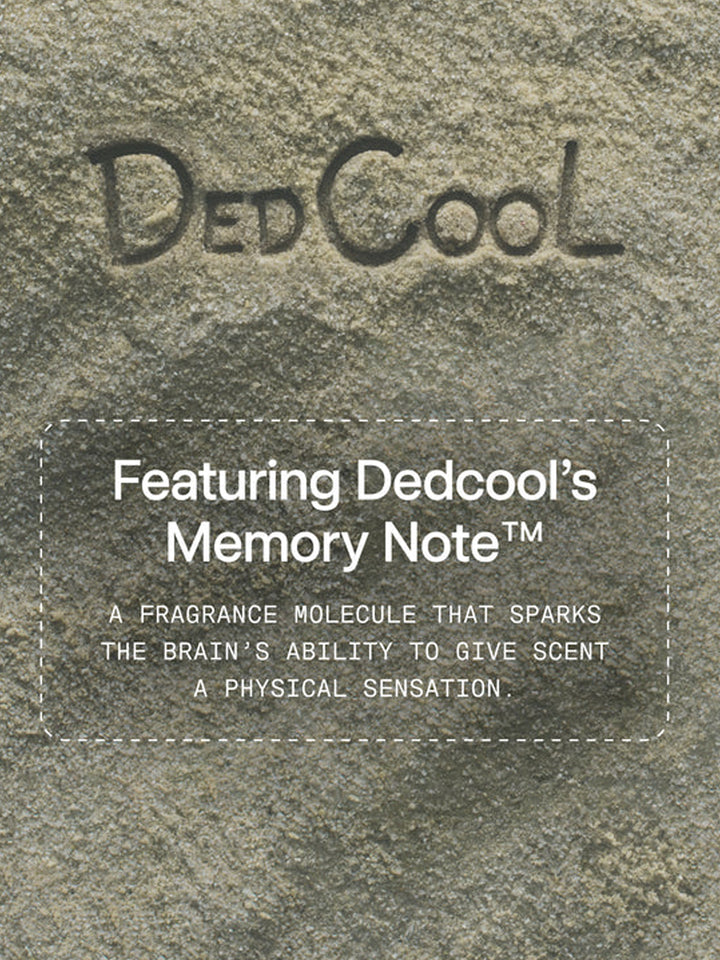 DedCool Mineral Milk fragrance campaign featuring Memory Note™ text written over sand | Twentyseven Toronto