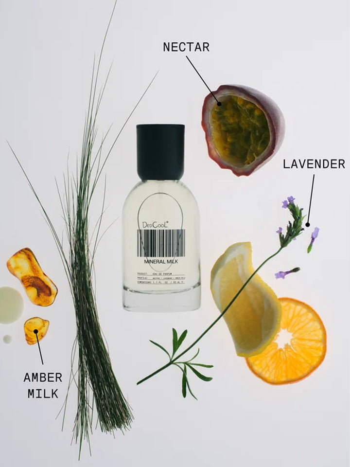 DedCool Mineral Milk Eau de Parfum surrounded by fragrance notes including nectar, lavender, and amber milk | Twentyseven Toronto