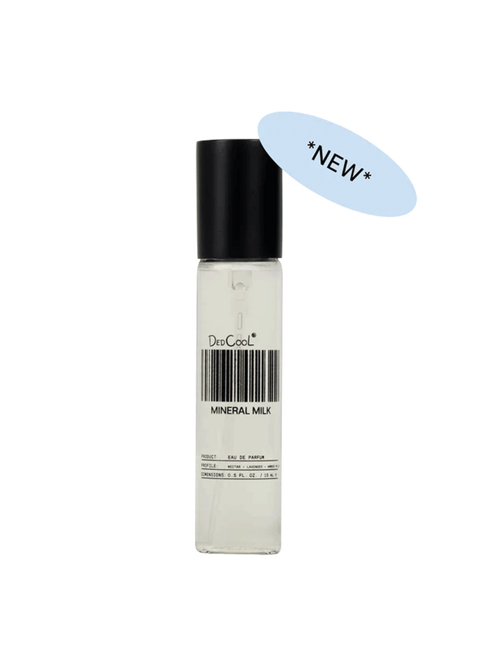 DedCool Mineral Milk Eau de Parfum travel spray, 0.5 fl. oz. / 15 mL, with black cap | Twentyseven Toronto