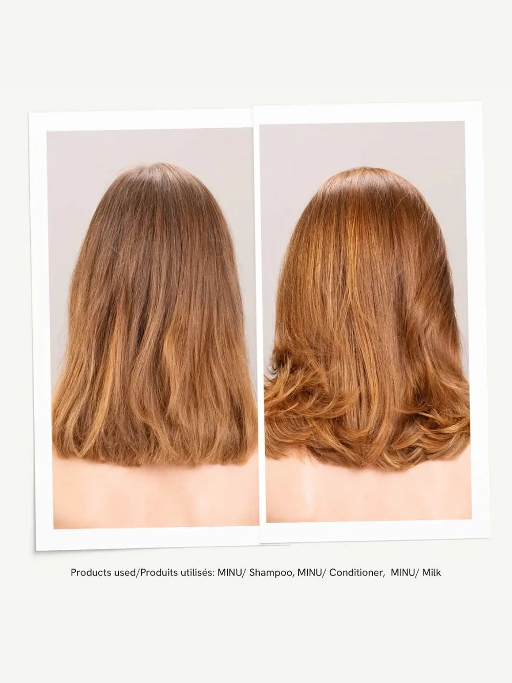 A before-and-after photo set displays the illuminating transformation from dull, flat hair to vibrant, shiny golden-brown hair after using a treatment regimen featuring Davines MINU Milk | Twentyseven Toronto