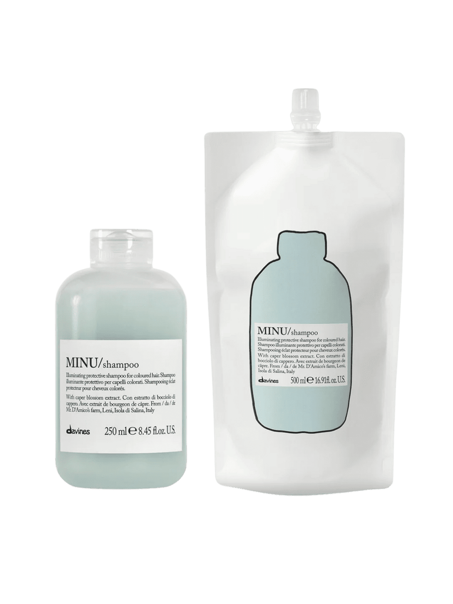 Davines MINU Shampoo bottle (250ml) and MINU Shampoo Refill pouch (500ml) on a transparent background | Twentyseven Toronto