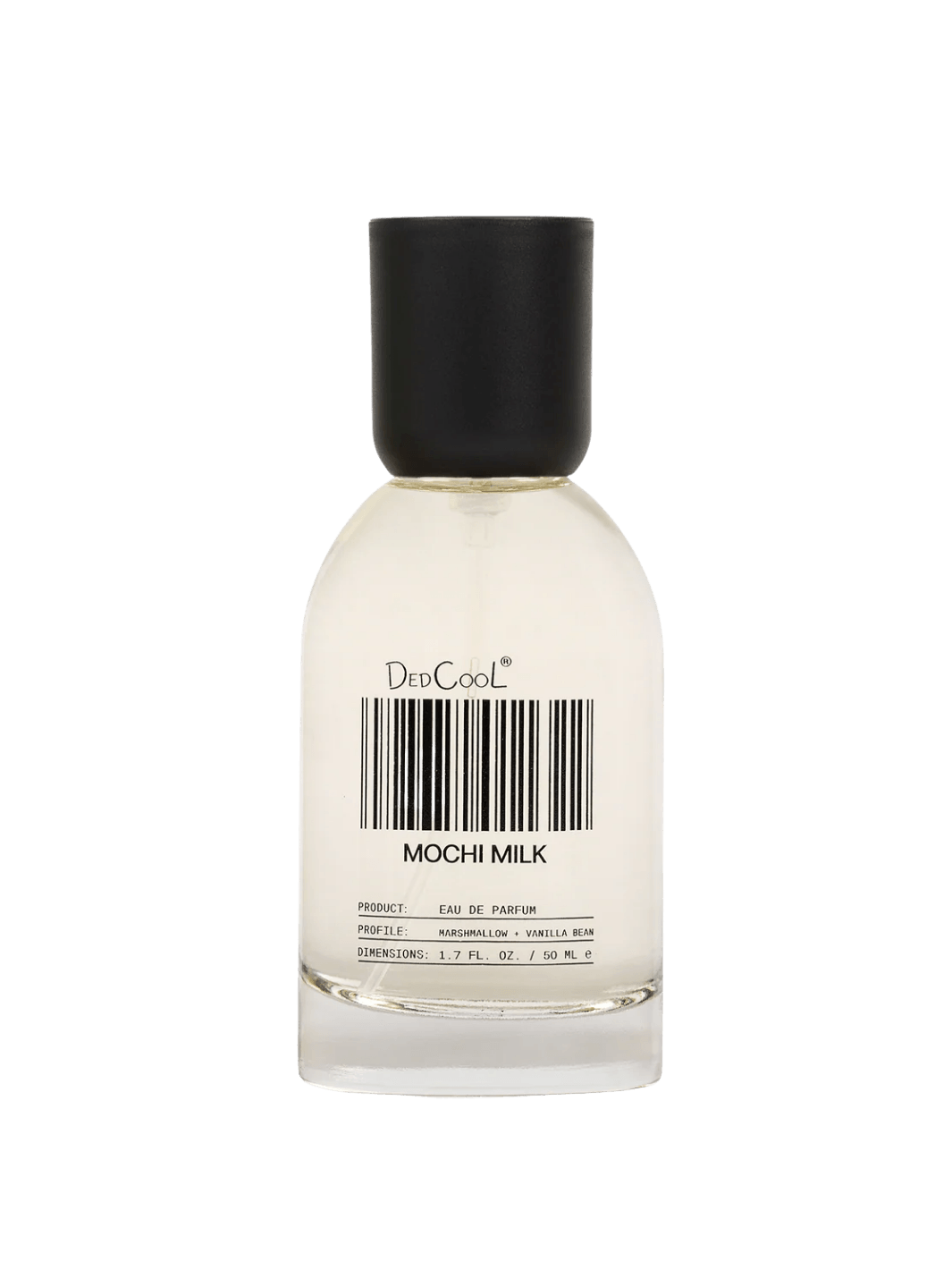 A full size 50ml glass bottle of Dedcool Mochi Milk Fragrance with its signature barcode label and a black cap | Twentyseven Toronto