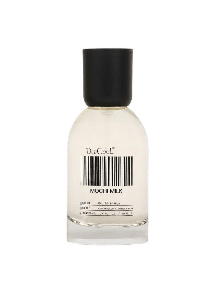 A full size 50ml glass bottle of Dedcool Mochi Milk Fragrance with its signature barcode label and a black cap | Twentyseven Toronto