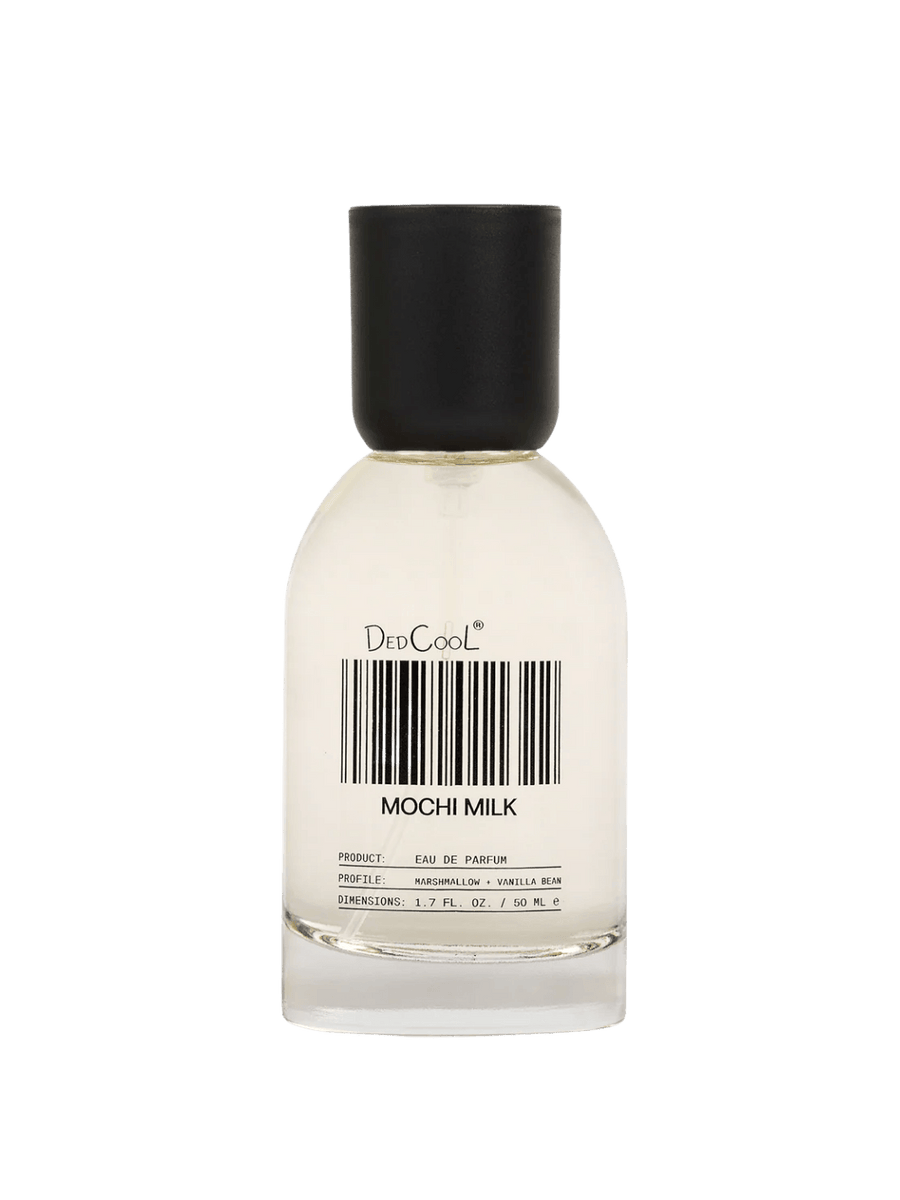 A full size 50ml glass bottle of Dedcool Mochi Milk Fragrance with its signature barcode label and a black cap | Twentyseven Toronto