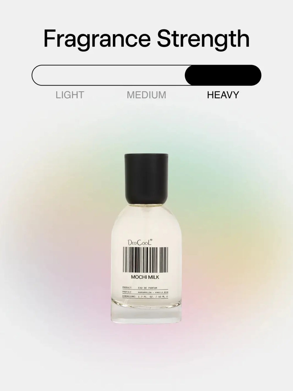 A full size 50ml bottle of Dedcool Mochi Milk Fragrance against a soft, multicolored pastel gradient background beneath a graphic indicating a "Heavy" scent strength | Twentyseven Toronto