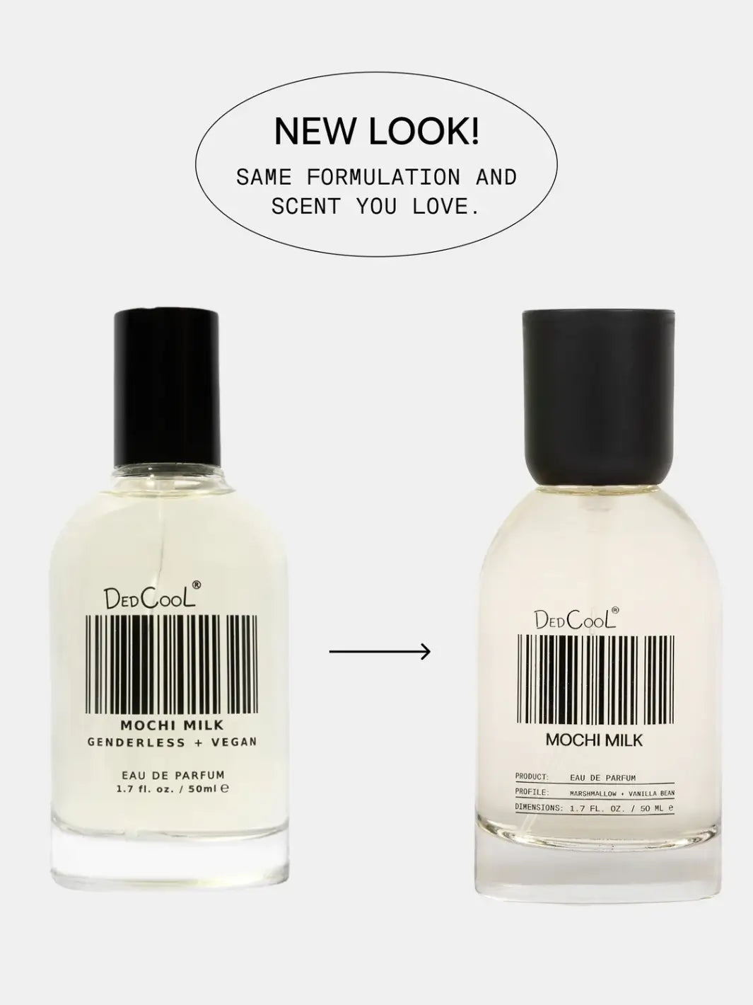 A side-by-side product comparison chart under a "NEW LOOK!" headline showing the font and label placement transition for the full size 50ml Dedcool Mochi Milk Fragrance bottle | Twentyseven Toronto