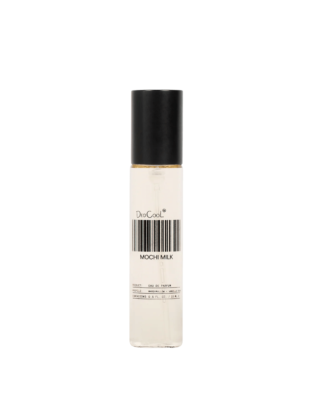 A 15ml travel size glass bottle of Dedcool  Mochi Milk Fragrance with a signature barcode label and a black cap | Twentyseven Toronto