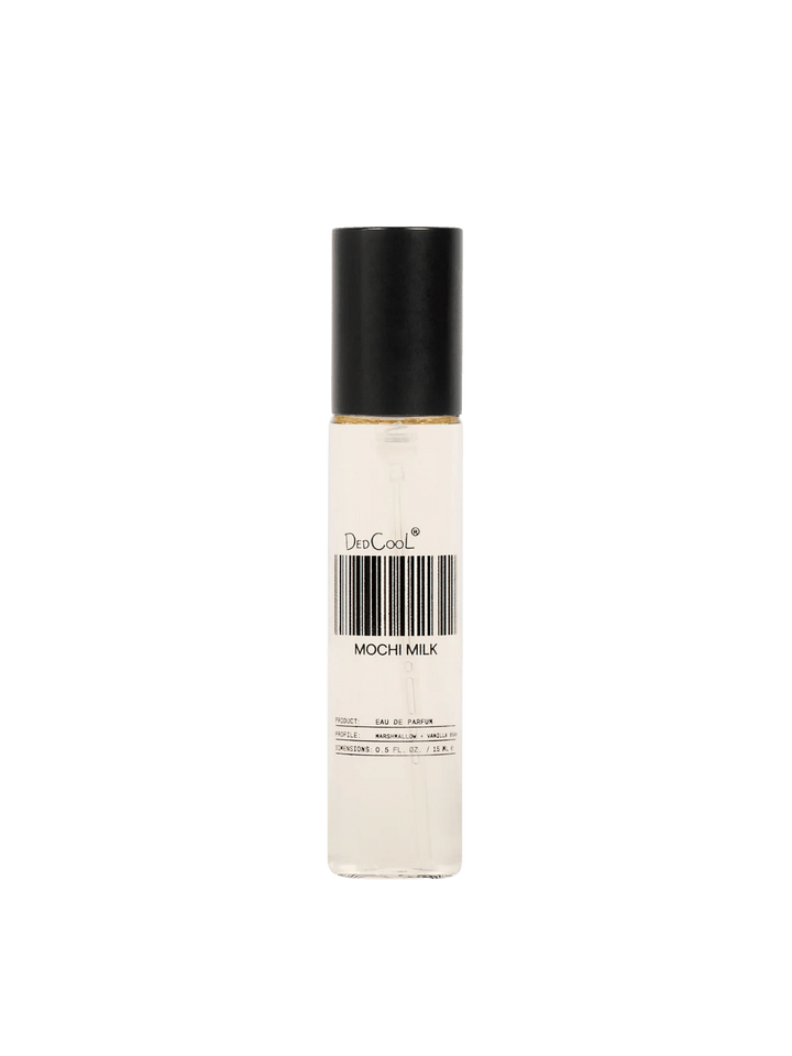 A 15ml travel size glass bottle of Dedcool  Mochi Milk Fragrance with a signature barcode label and a black cap | Twentyseven Toronto