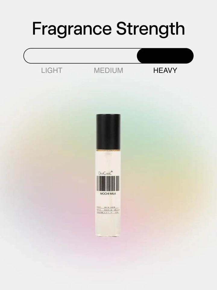 A 15ml travel size Dedcool Mochi Milk Fragrance is against a pastel rainbow gradient background beneath a graphic indicating a "Heavy" scent strength | Twentyseven Toronto