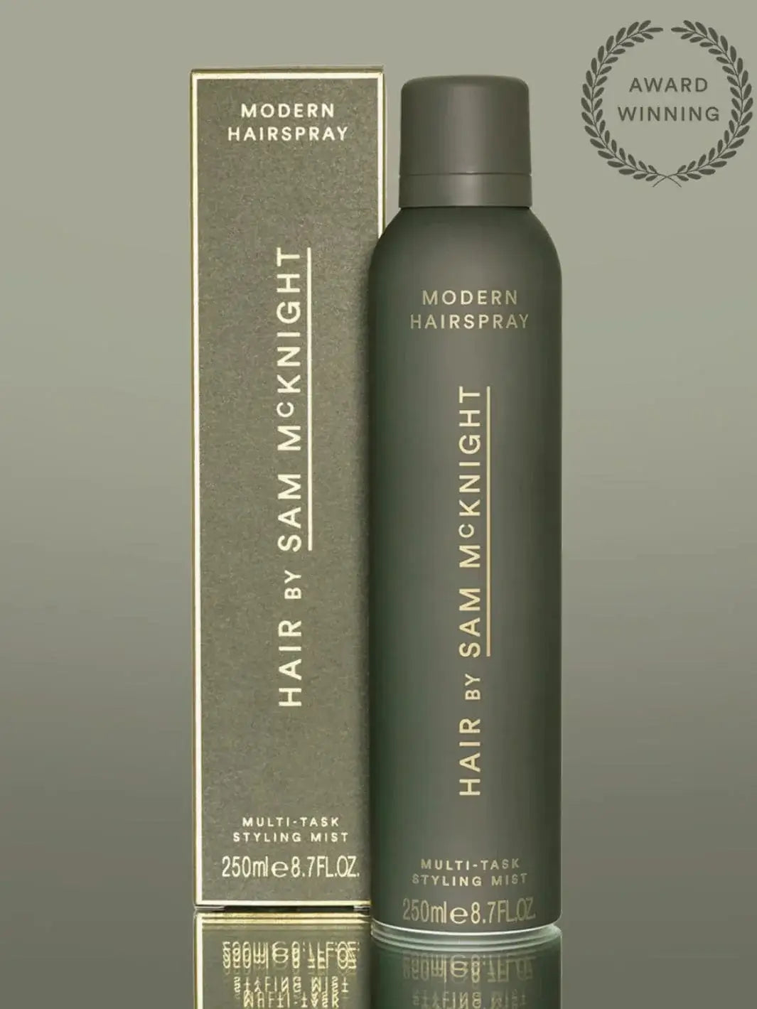 A product display features the green matte aerosol can next to its matching retail packaging for the Hair by Sam McKnight Modern Hairspray | Twentyseven Toronto